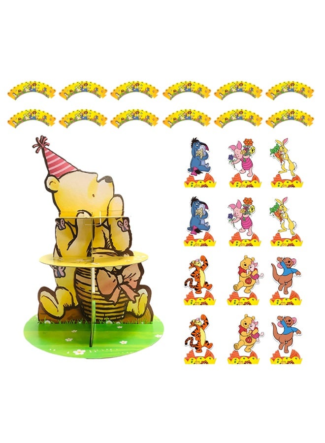 ILovhaprty 25pcs Winnie the Pooh Cake Decoration Set – 3-Tier Pooh Bear Cake Stand with Cupcake Wrappers and Cake Toppers, Pooh Bear Birthday Party Supplies for Winnie Dessert Table Decorations - Image 1